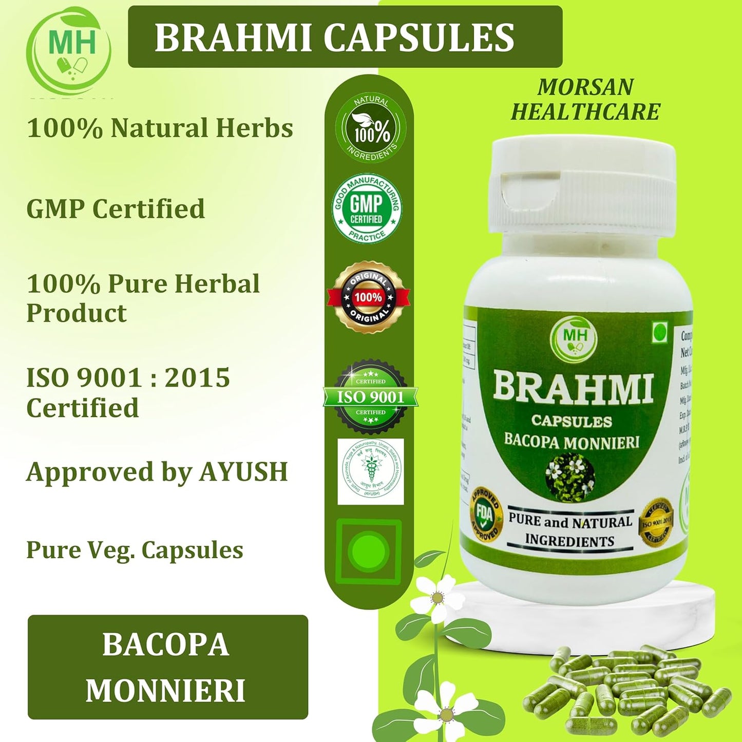 60 Veg. Capsules of Morsan Healthcare Brahmi (Centella Asiatica) 500mg - Pure Herbal Supplement (2 Pack)