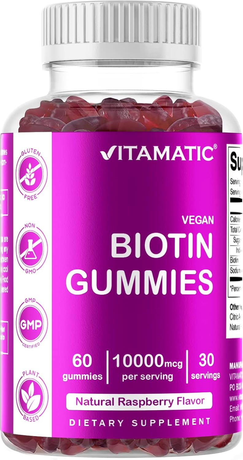 60 Vegan Biotin Gummies 10,000 mcg - Vitamin B7 for Stronger Hair, Skin & Nails - 1 Bottle