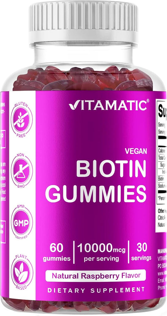 60 Vegan Biotin Gummies 10,000 mcg - Vitamin B7 for Stronger Hair, Skin & Nails - 1 Bottle