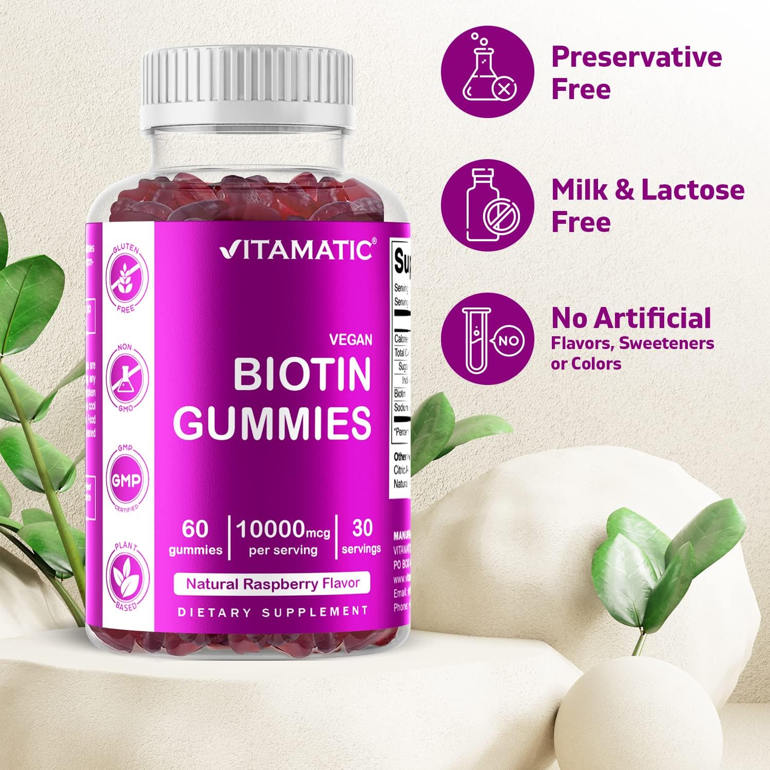 60 Vegan Biotin Gummies 10,000 mcg - Vitamin B7 for Stronger Hair, Skin & Nails - 1 Bottle