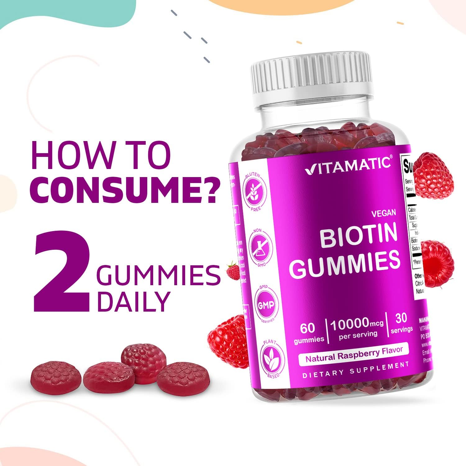 60 Vegan Biotin Gummies 10,000 mcg - Vitamin B7 for Stronger Hair, Skin & Nails - 1 Bottle