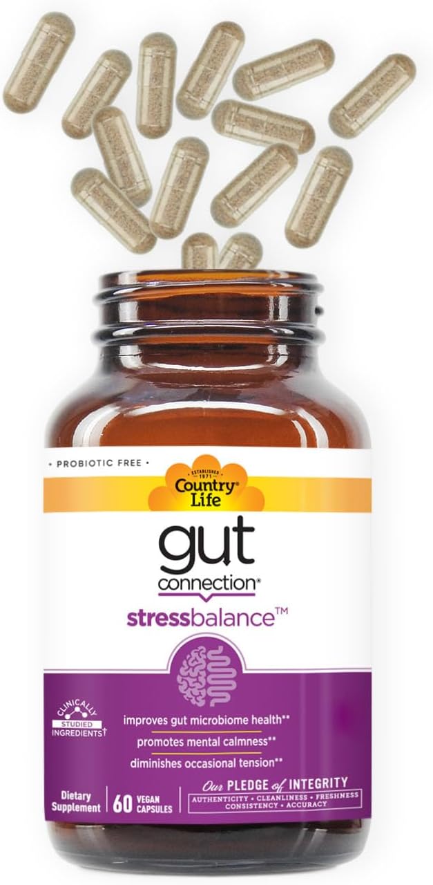 60 Vegan Capsules Country Life Gut Connection Stress Balance - Certified Gluten Free, Vegan, Non-GMO
