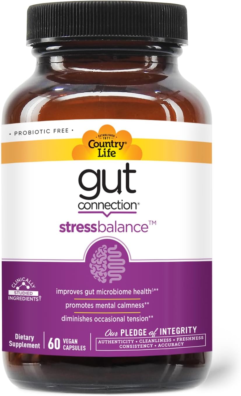 60 Vegan Capsules Country Life Gut Connection Stress Balance - Certified Gluten Free, Vegan, Non-GMO
