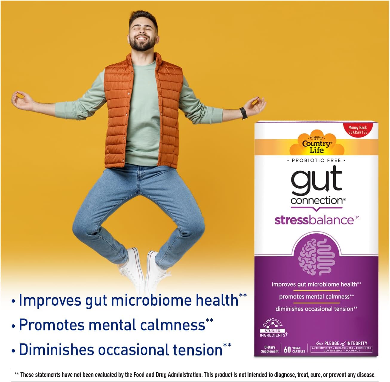 60 Vegan Capsules Country Life Gut Connection Stress Balance - Certified Gluten Free, Vegan, Non-GMO