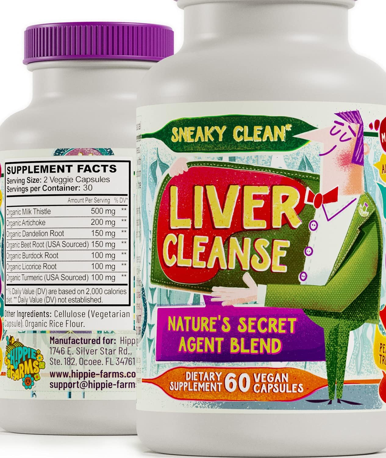 60 Vegan Capsules Liver Cleanse Support Supplement with Milk Thistle for Detox - Hippie Farms Nature's Secret Agent Blend
