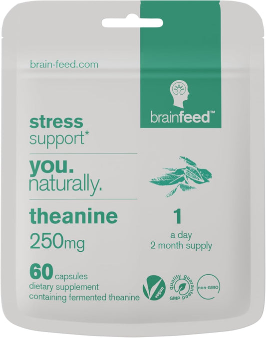 60 Vegan Capsules of 250mg Pure L-Theanine for Stress Relief, Calm Aid, and GABA Support - Lab-Tested Supplement to Feed Your Brain