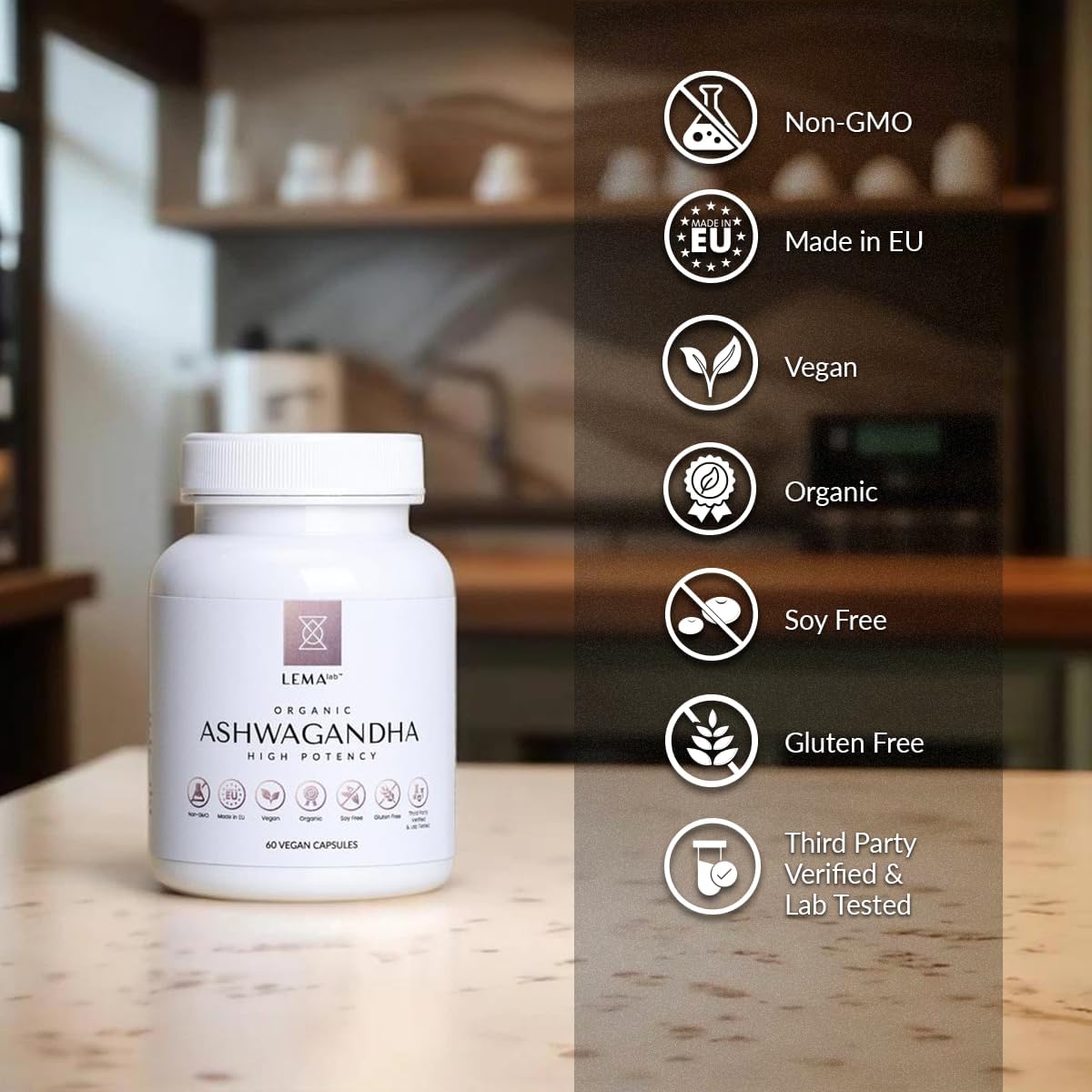 60 Vegan Capsules of LEMAlab's Organic Ashwagandha for Holistic Wellness