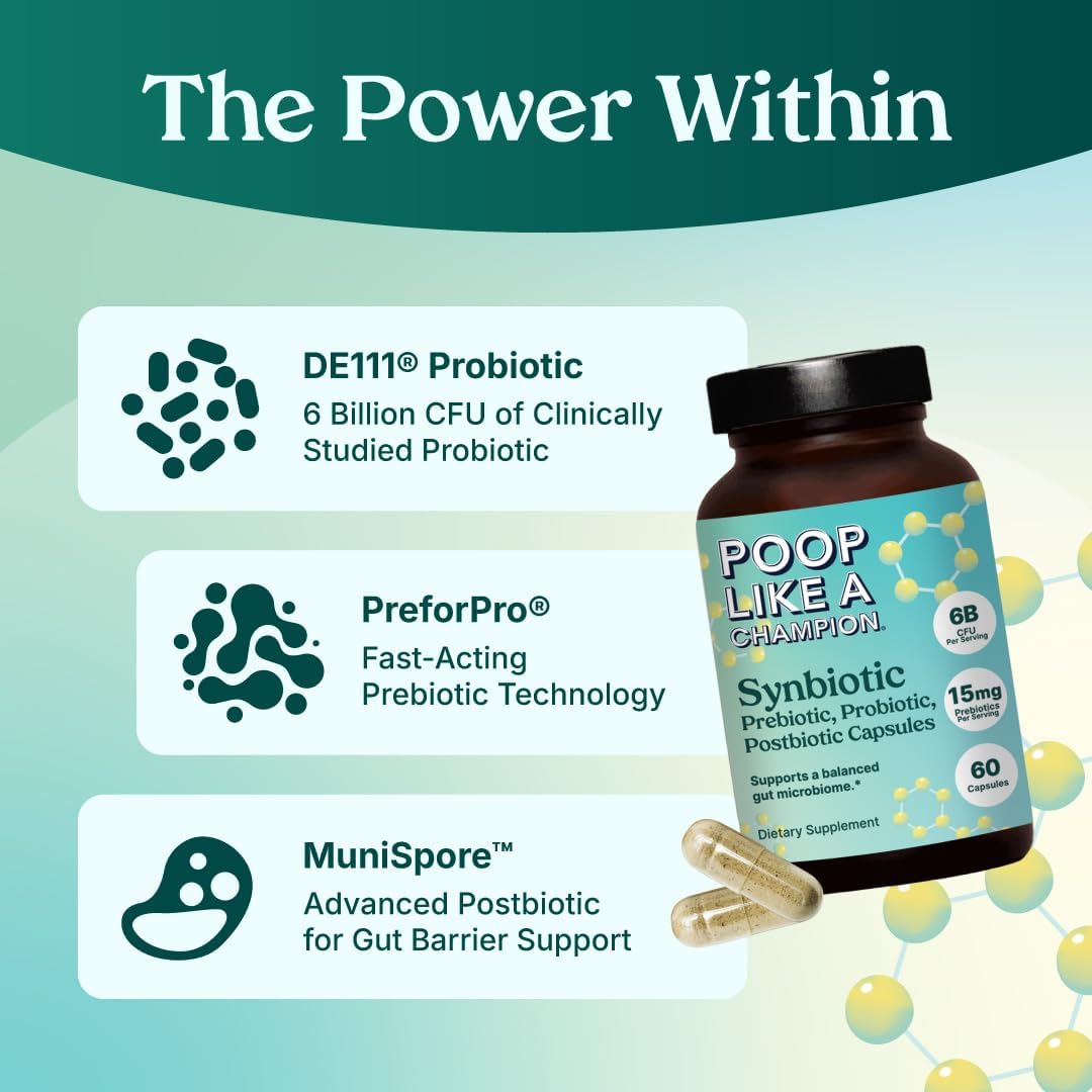 60 Vegan Capsules of Poop Like a Champion Gut Power Synbiotic with Prebiotic, Probiotic, and Postbiotic - Non-GMO Digestive Health Supplement with 6.5 Billion CFU