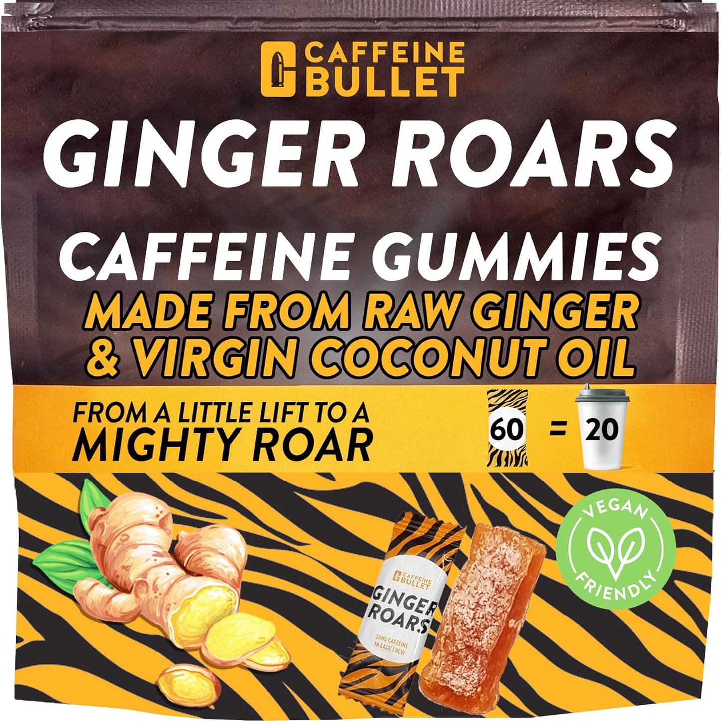 60 Vegan Energy Gummies with 33mg Caffeine & Ginger - Natural Fiery Kick for Running, Cycling, Preworkout & Focus