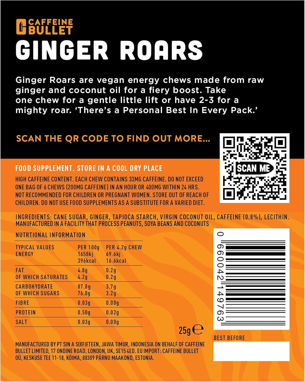 60 Vegan Energy Gummies with 33mg Caffeine & Ginger - Natural Fiery Kick for Running, Cycling, Preworkout & Focus