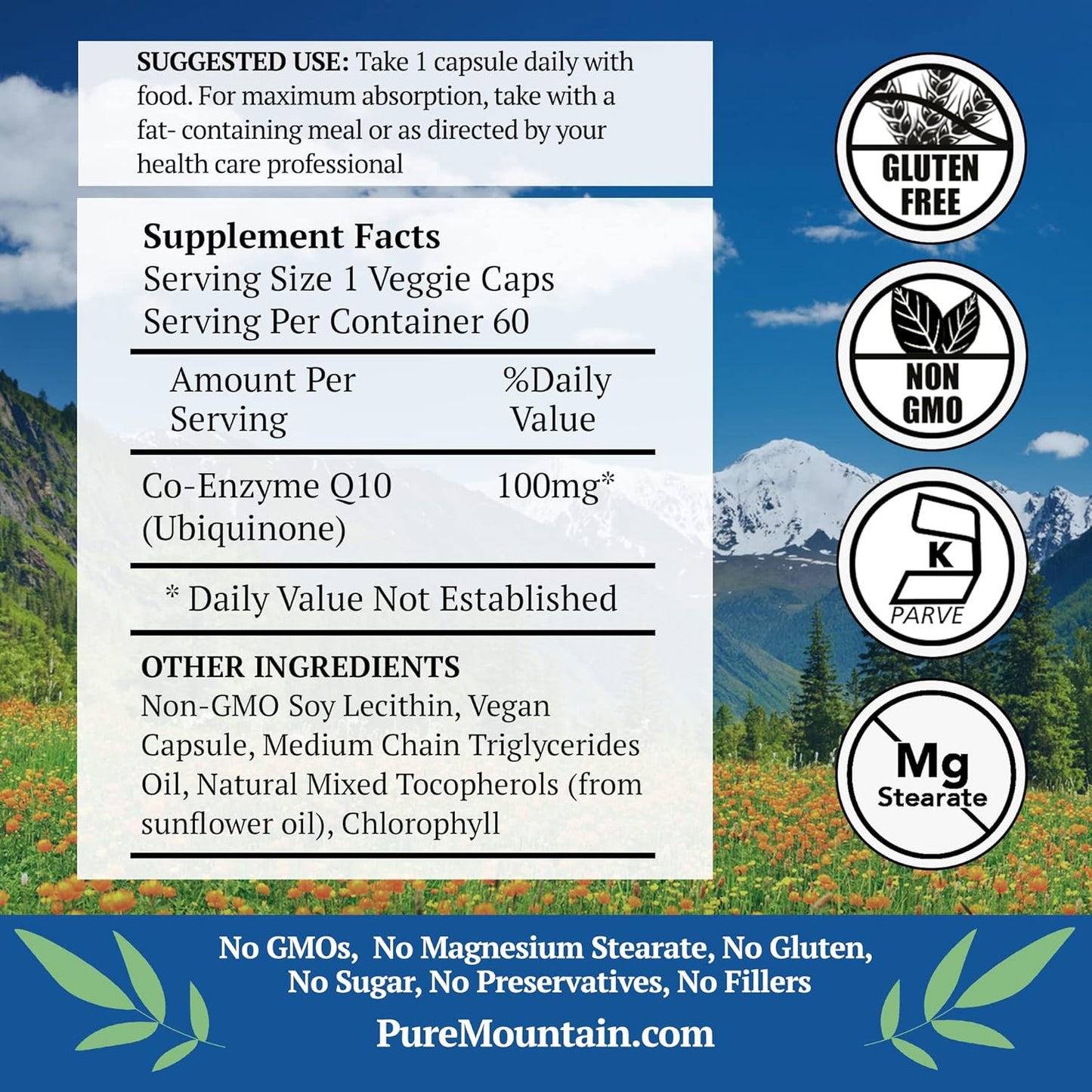 60 Vegan Kosher Coq10 100mg Softgels with Ubiqunone Coenzyme Q10 - Pure Mountain Botanicals Supplement