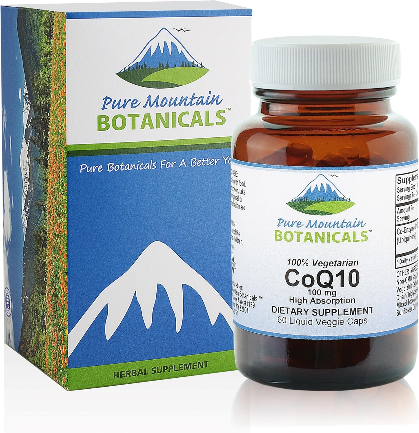 60 Vegan Kosher Coq10 100mg Softgels with Ubiqunone Coenzyme Q10 - Pure Mountain Botanicals Supplement