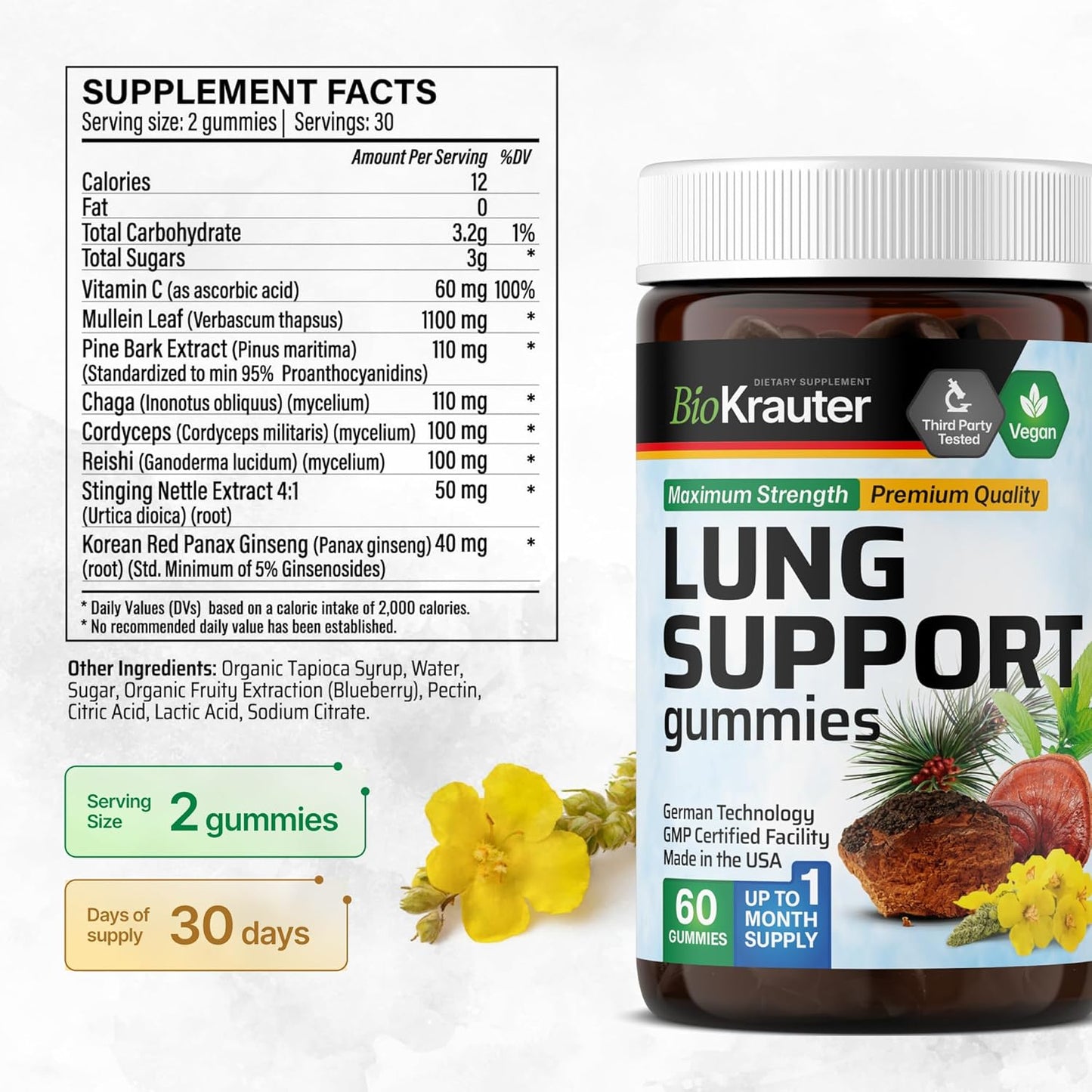 60 Vegan Lung Detox Gummies with Vitamin C & Mullein Leaf Blend for Respiratory Support