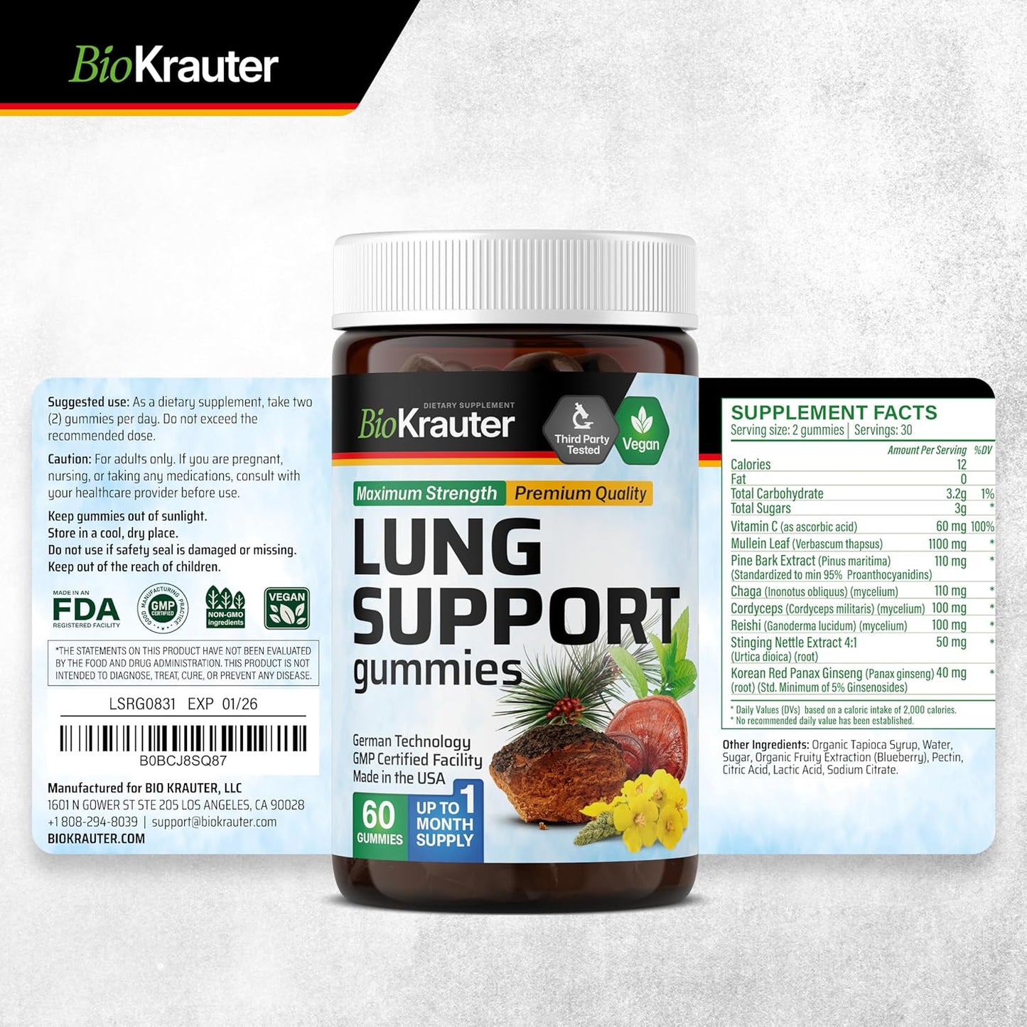 60 Vegan Lung Detox Gummies with Vitamin C & Mullein Leaf Blend for Respiratory Support