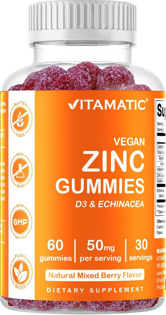 60 Vegan Zinc Gummies 50mg - Gluten Free Immune Support for Adults - Vitamatic Zinc Gummies for Men and Women