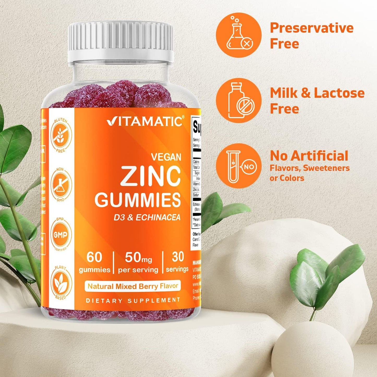 60 Vegan Zinc Gummies 50mg - Gluten Free Immune Support for Adults - Vitamatic Zinc Gummies for Men and Women
