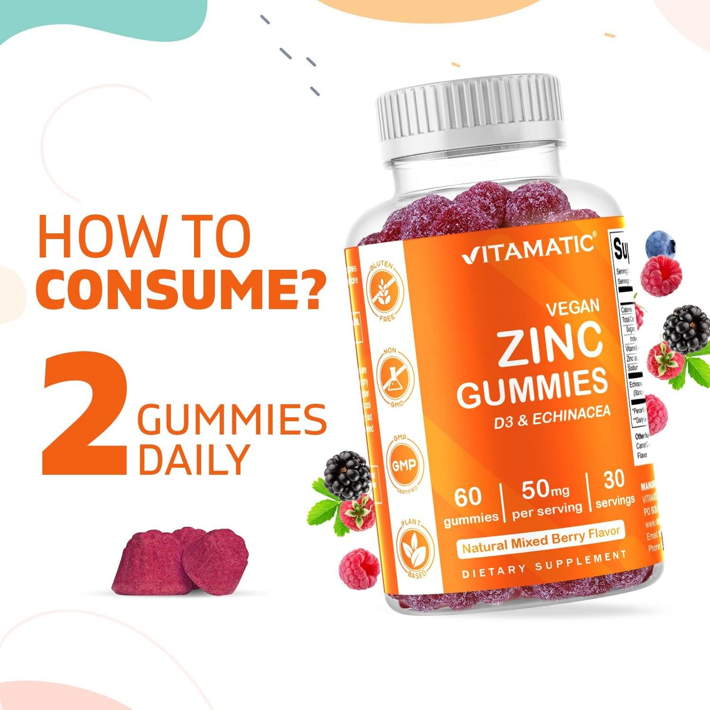 60 Vegan Zinc Gummies 50mg - Gluten Free Immune Support for Adults - Vitamatic Zinc Gummies for Men and Women