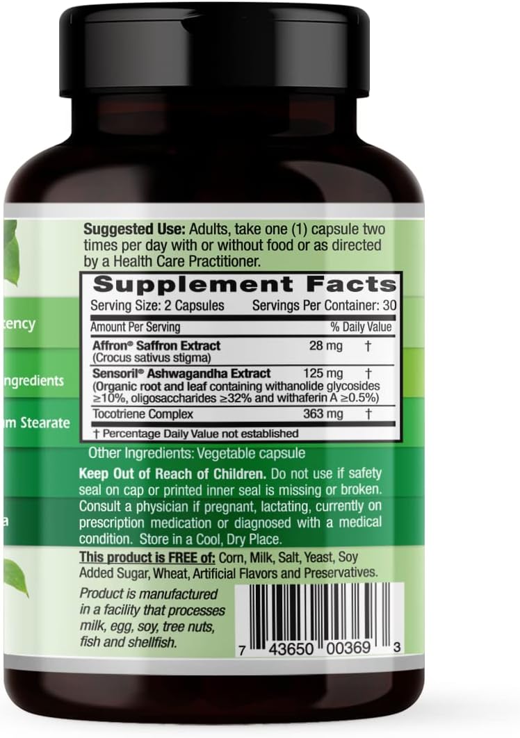 60 Vegetable Capsules Stress Management Supplement with Ashwagandha & Saffron Extracts (30-Day Supply)