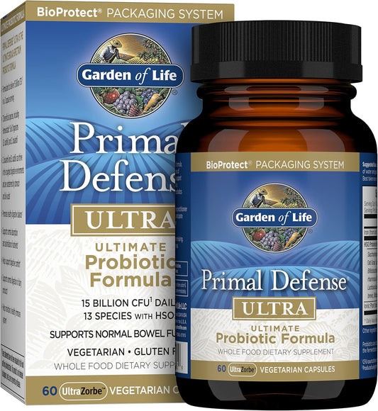 60 Vegetarian Capsules - Garden of Life Primal Defense Ultra Ultimate Whole Food Probiotic Supplement for Digestive Health