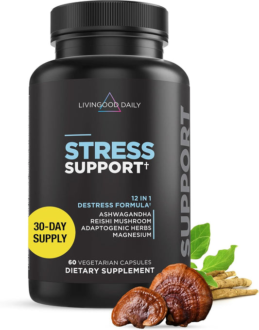 60 Vegetarian Capsules Livingood Daily De-Stress Relief Supplement with Reishi Mushroom & Ashwagandha for Mood & Brain Support - Non-GMO, Gluten-Free, Allergen-Free, Vegan Formula