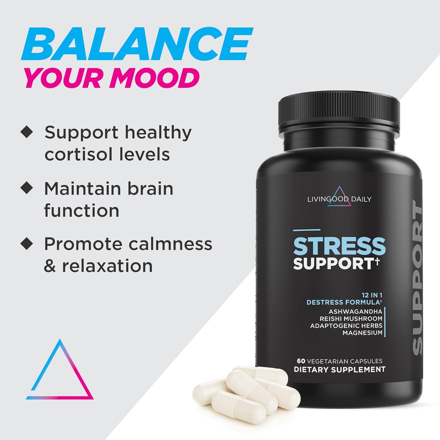 60 Vegetarian Capsules Livingood Daily De-Stress Relief Supplement with Reishi Mushroom & Ashwagandha for Mood & Brain Support - Non-GMO, Gluten-Free, Allergen-Free, Vegan Formula
