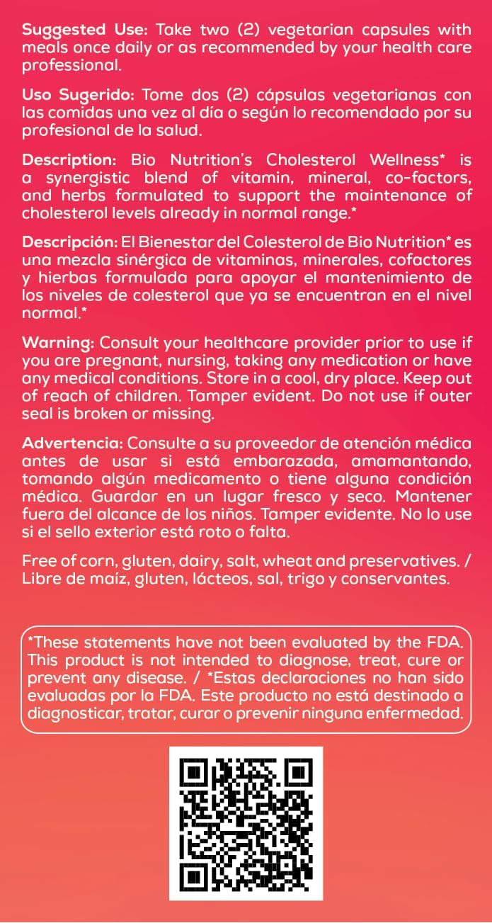 60 Vegetarian Capsules of Bio Nutrition Cholesterol Wellness Supplement - Natural Formula with High Nutrient Content