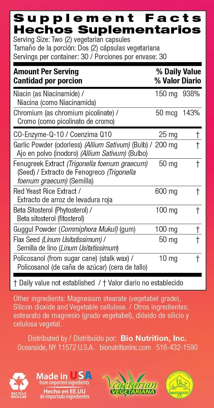 60 Vegetarian Capsules of Bio Nutrition Cholesterol Wellness Supplement - Natural Formula with High Nutrient Content