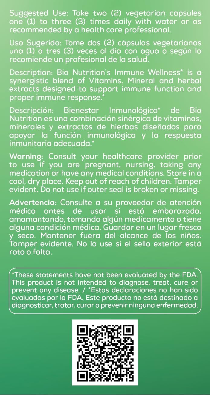 60 Vegetarian Capsules of Bio Nutrition Immune Wellness Supplement with Olive Leaf and Oregano - Minerals and Antioxidants for Optimal General Health and Immune Support