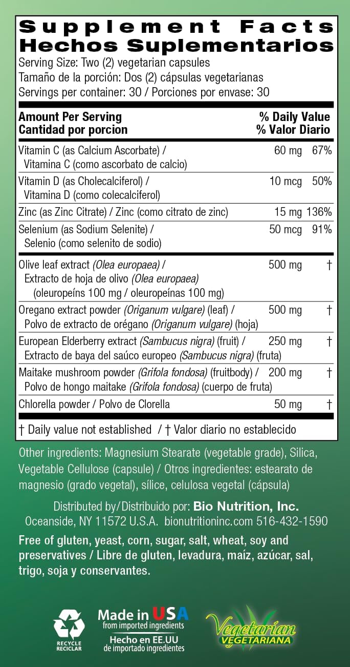 60 Vegetarian Capsules of Bio Nutrition Immune Wellness Supplement with Olive Leaf and Oregano - Minerals and Antioxidants for Optimal General Health and Immune Support