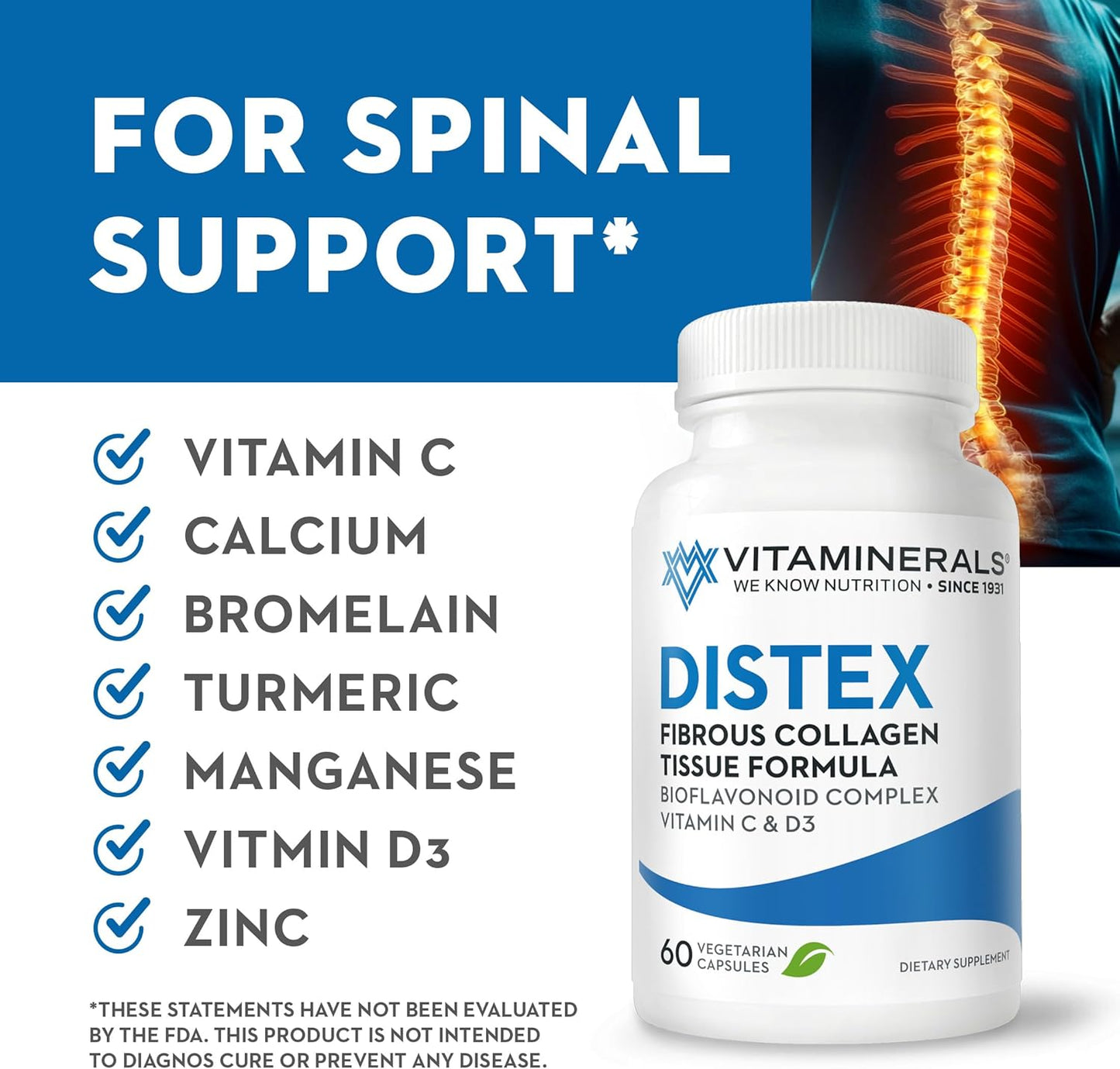 60 Veggie Caps of Vitaminerals 117 Distex™ Spinal Disc Support with Bromelain, Turmeric, and Manganese