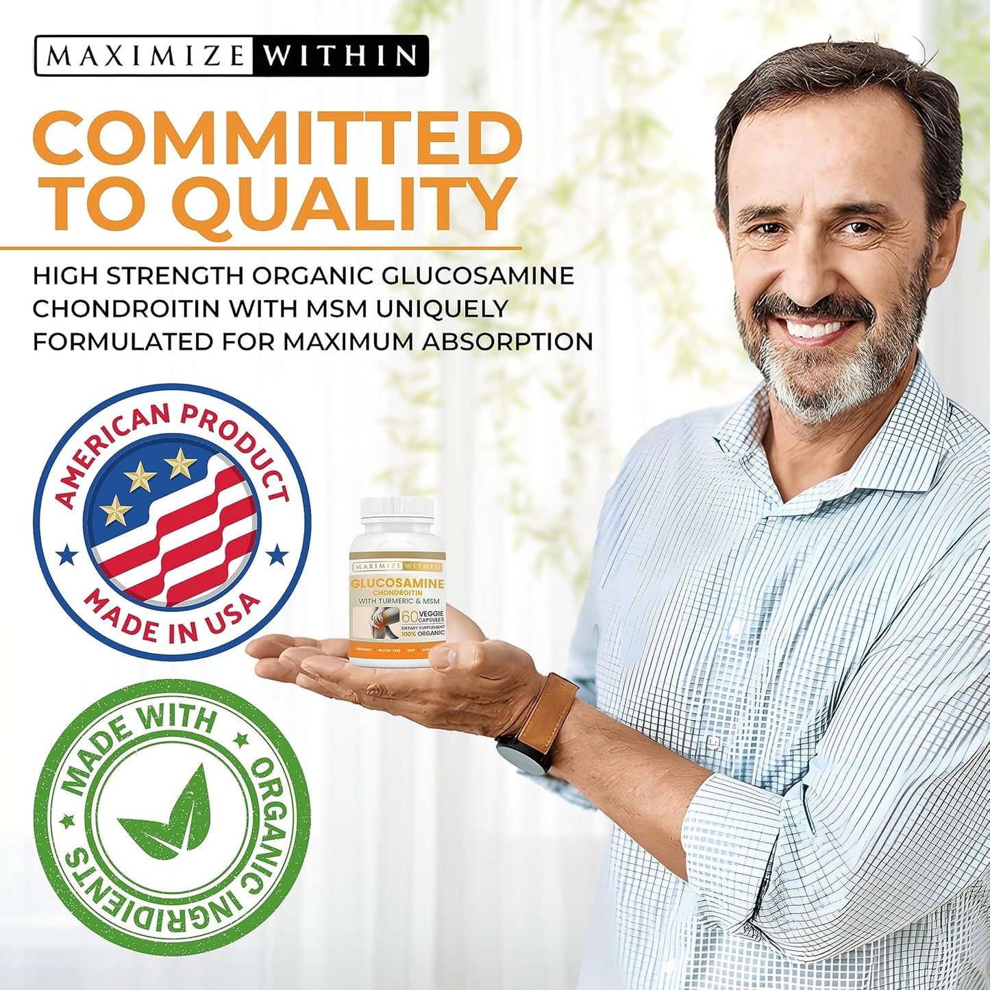 60 Veggie Capsules of Glucosamine Chondroitin with Turmeric & MSM for Optimal Joint Health