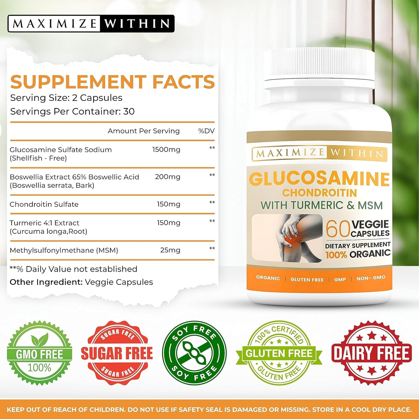 60 Veggie Capsules of Glucosamine Chondroitin with Turmeric & MSM for Optimal Joint Health