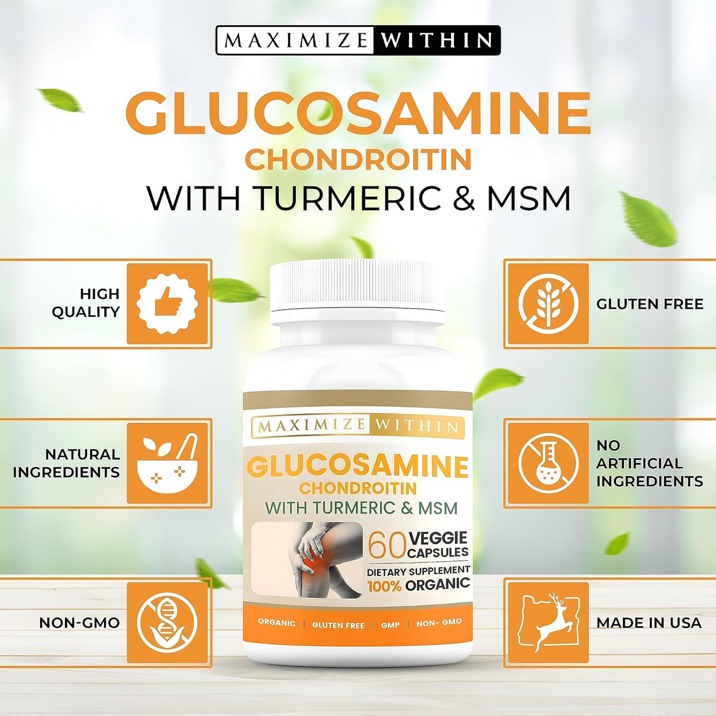 60 Veggie Capsules of Glucosamine Chondroitin with Turmeric & MSM for Optimal Joint Health
