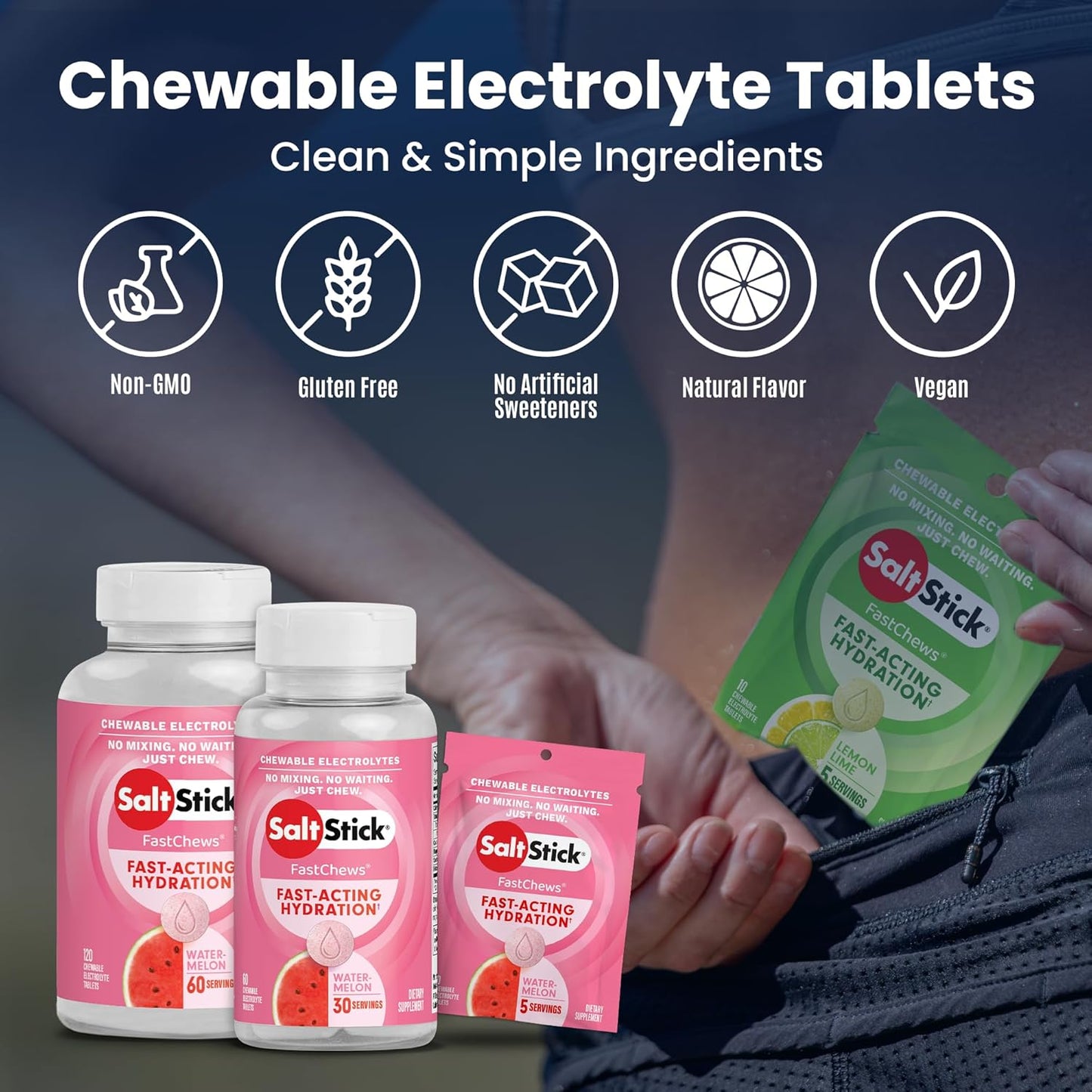 60 Watermelon SaltStick FastChews Electrolyte Tablets for Running and Sports Recovery - Fast Hydration and Leg Cramps Relief - Non-GMO, Vegan, Gluten Free