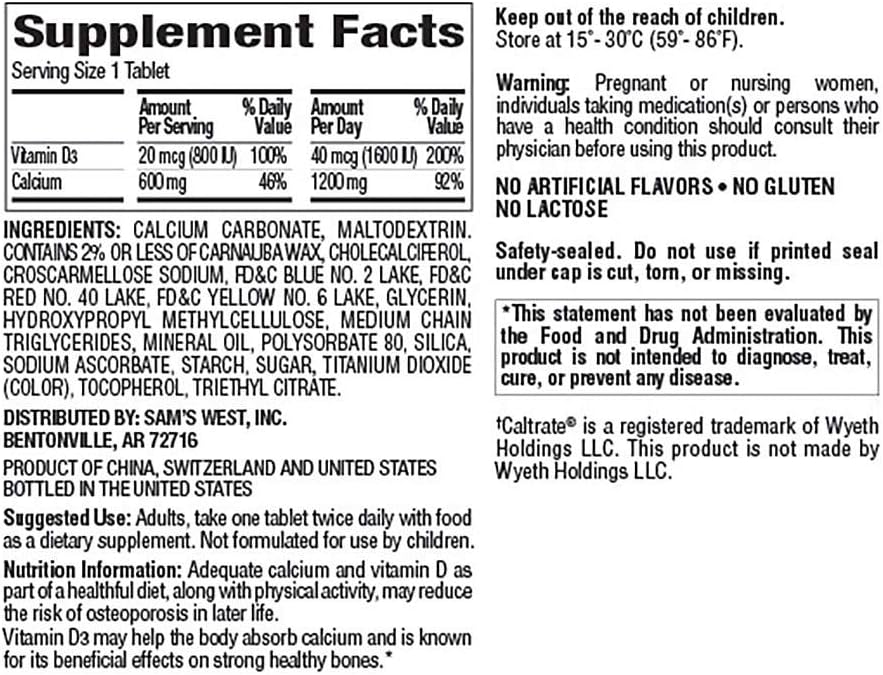 600 Count Member's Mark 600mg Calcium + D3 Dietary Supplement for Bone Health