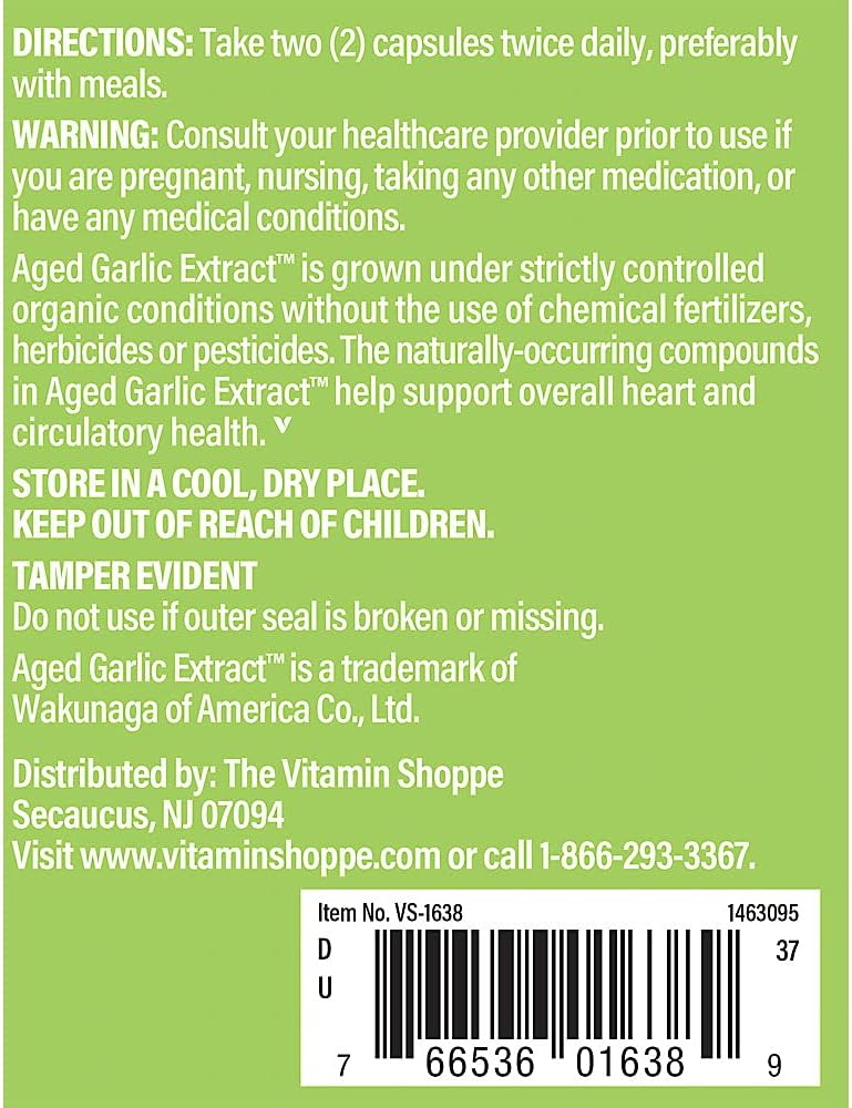 600 MG Odorless Aged Garlic Extract Capsules for Cardiovascular Health - 200 Count by The Vitamin Shoppe