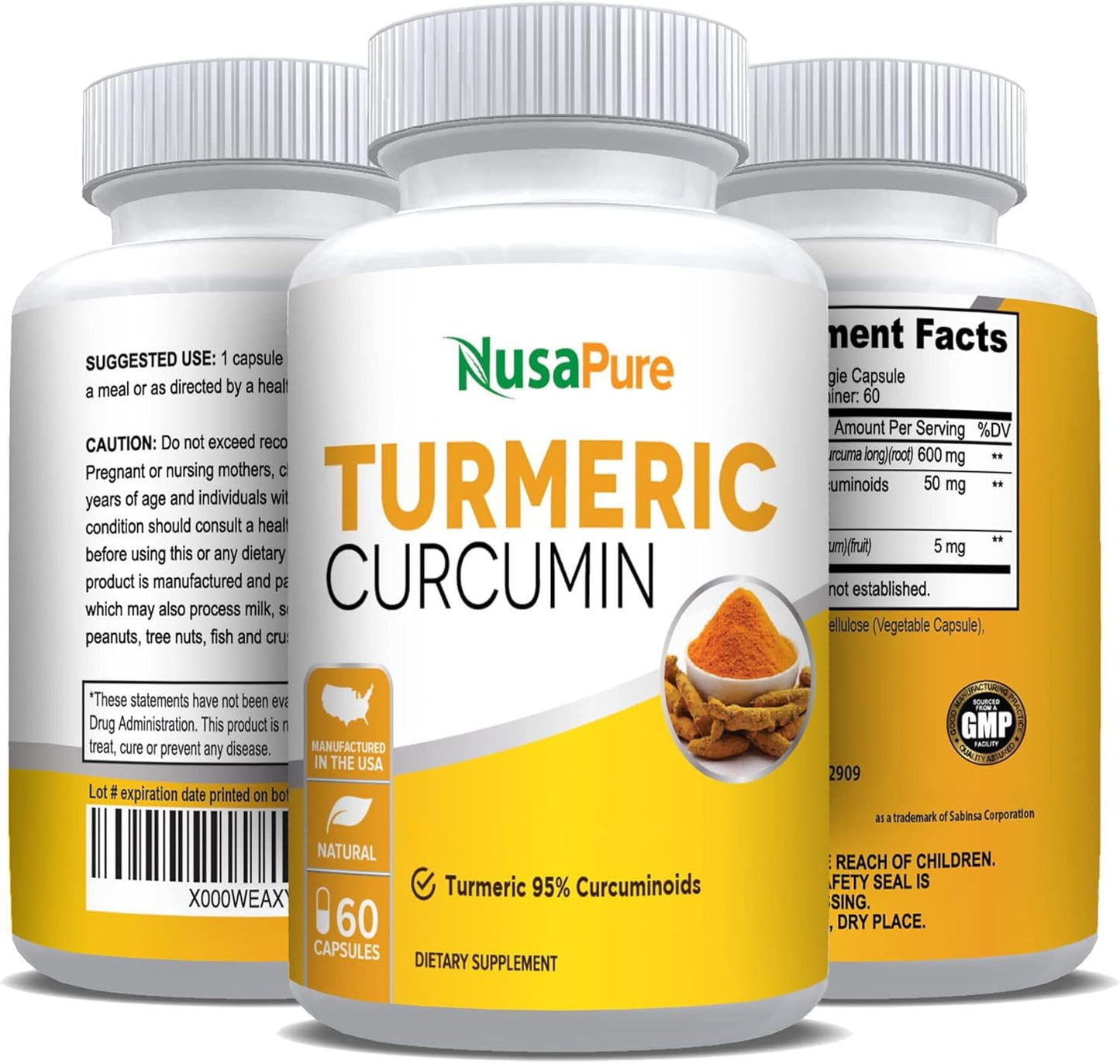 600 mg Turmeric Curcumin Supplement - Vegetarian Capsules by NusaPure