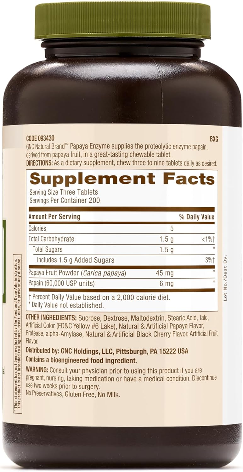 600 Tablets GNC Natural Brand Papaya Enzyme for Healthy Digestive Function