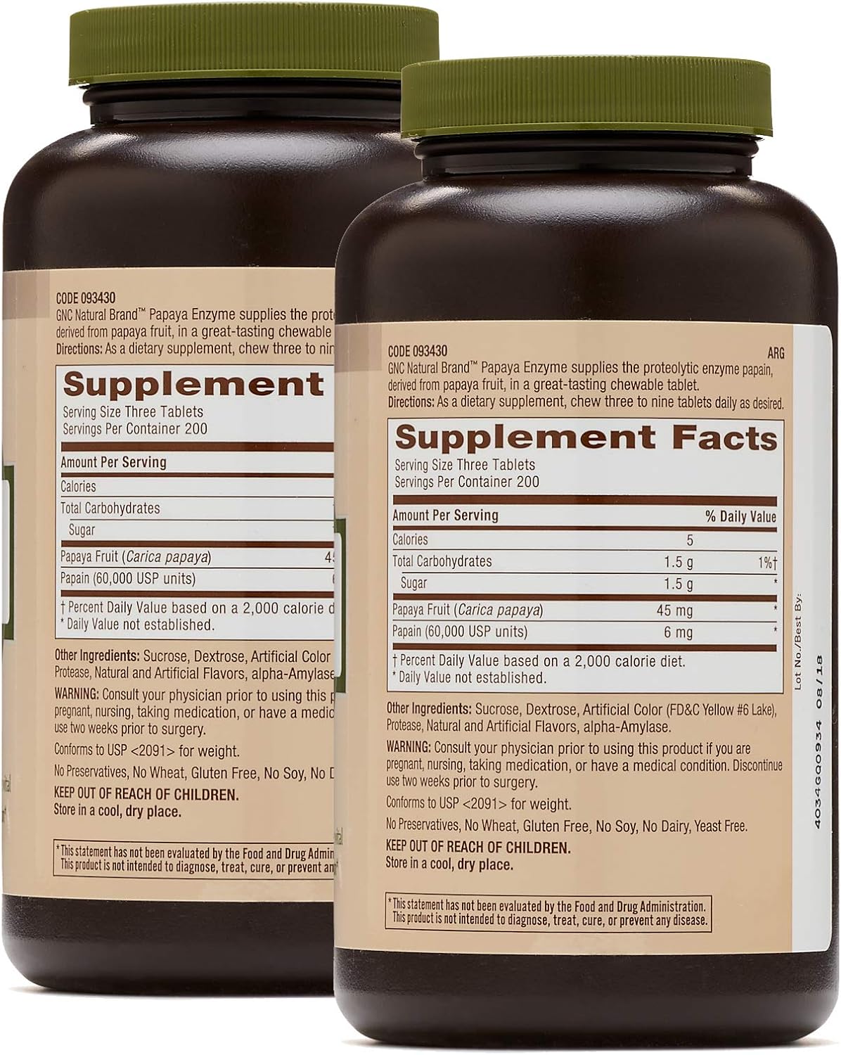 600 Tablets GNC Natural Brand Papaya Enzyme for Healthy Digestive Function