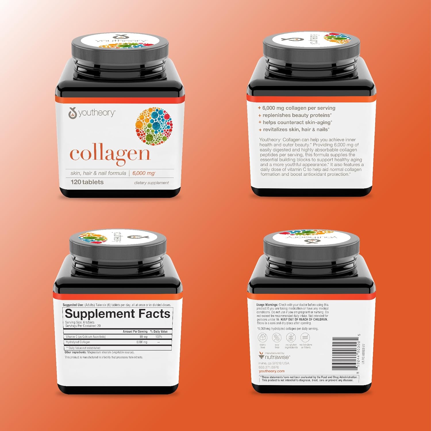 6,000 mg Collagen Supplements with Vitamin C for Hair, Skin & Nails - Youtheory Advanced Collagen - 120 Tablets for Women and Men