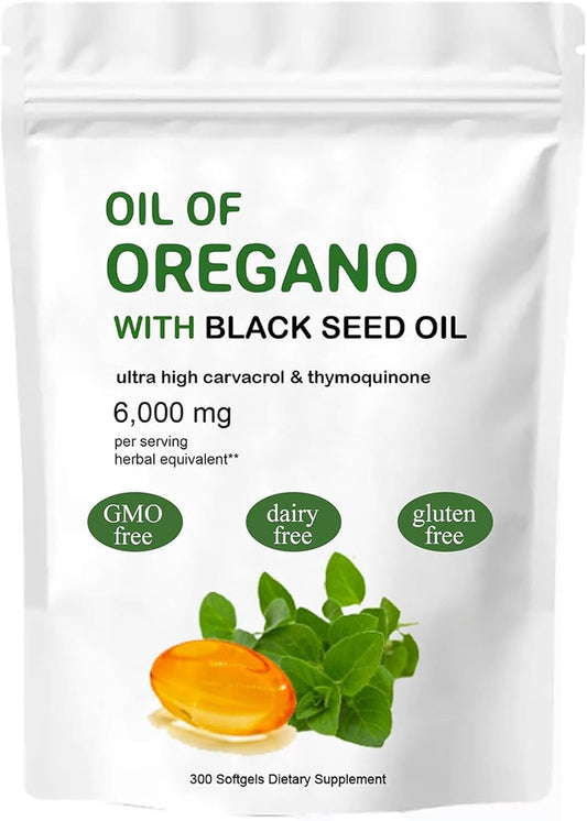 6000 mg Oregano Oil & 200 mg Black Seed Oil Softgels, 2-in-1 Oregano Oil Supplement, Non-GMO, Gluten-Free - 300 Softgel Capsules