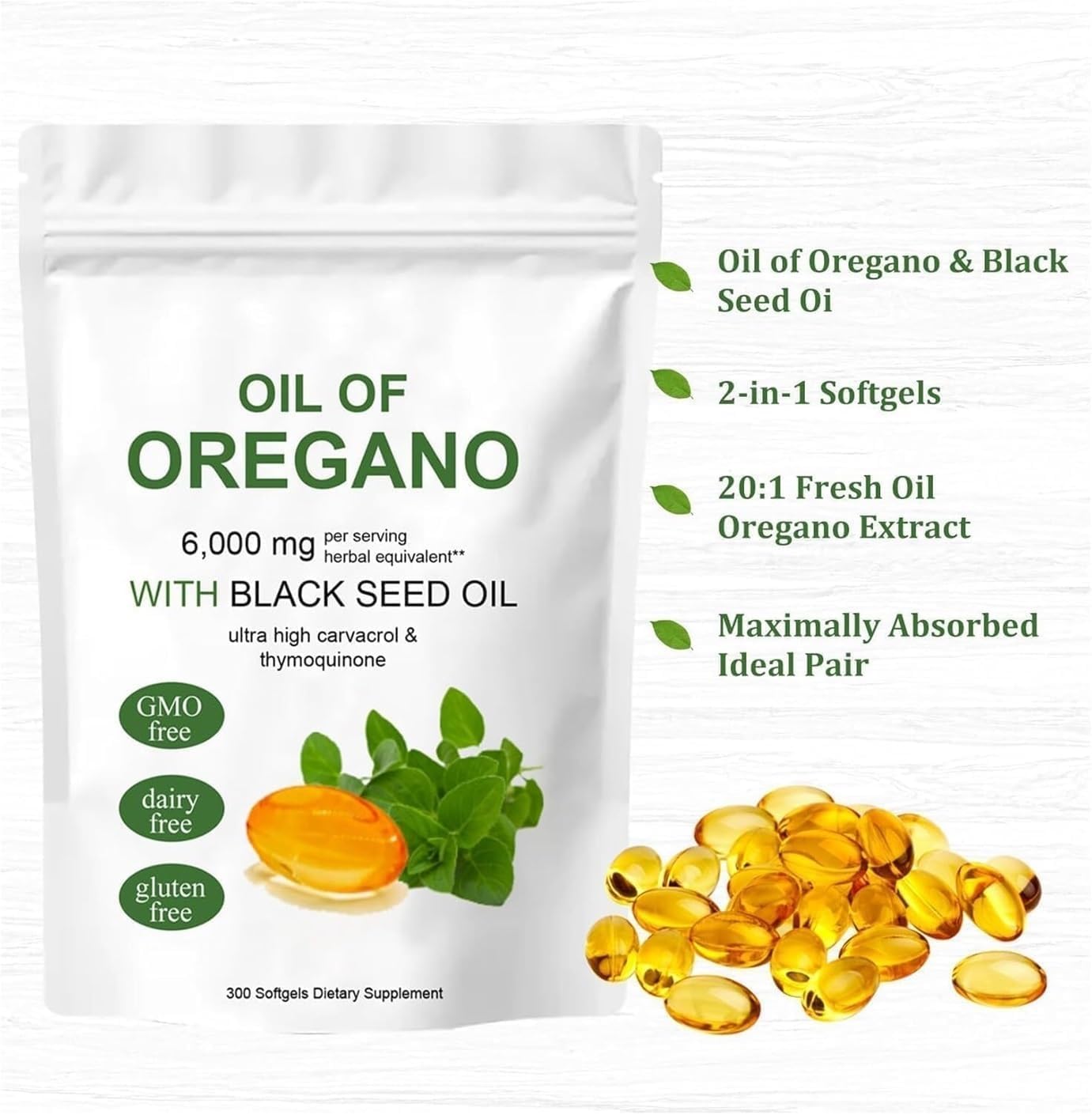 6000 mg Oregano Oil & 200 mg Black Seed Oil Softgels, 2-in-1 Oregano Oil Supplement, Non-GMO, Gluten-Free - 300 Softgel Capsules