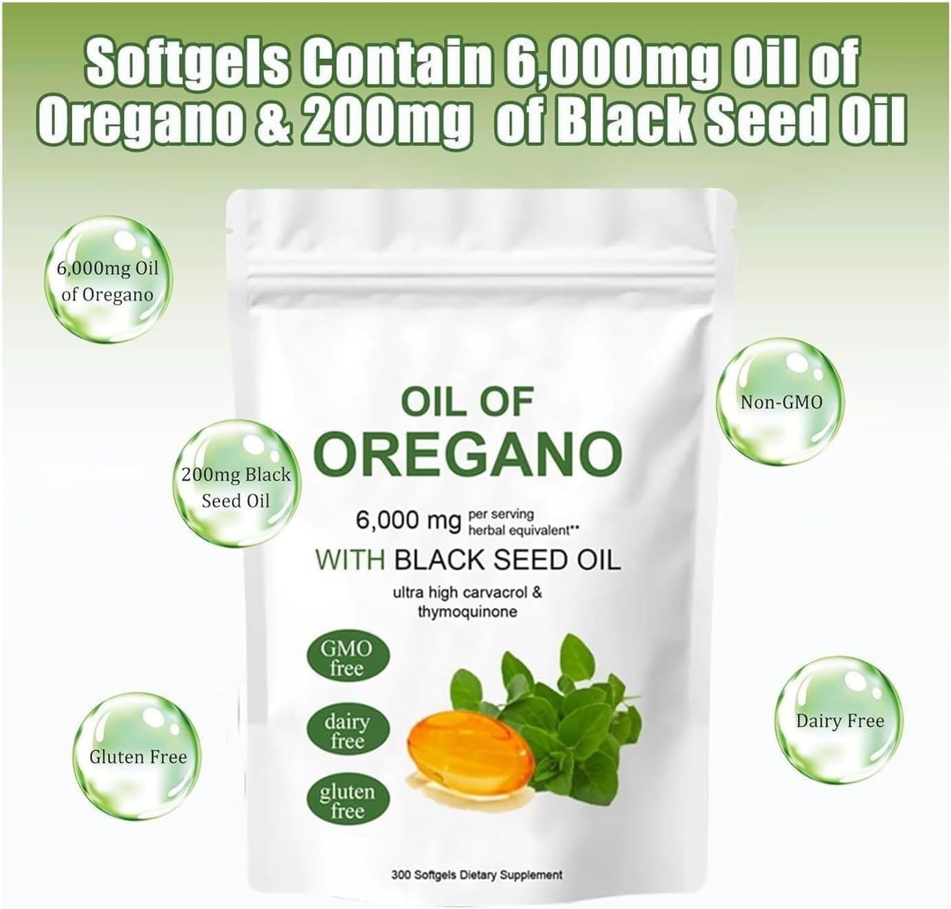 6000 mg Oregano Oil & 200 mg Black Seed Oil Softgels, 2-in-1 Oregano Oil Supplement, Non-GMO, Gluten-Free - 300 Softgel Capsules