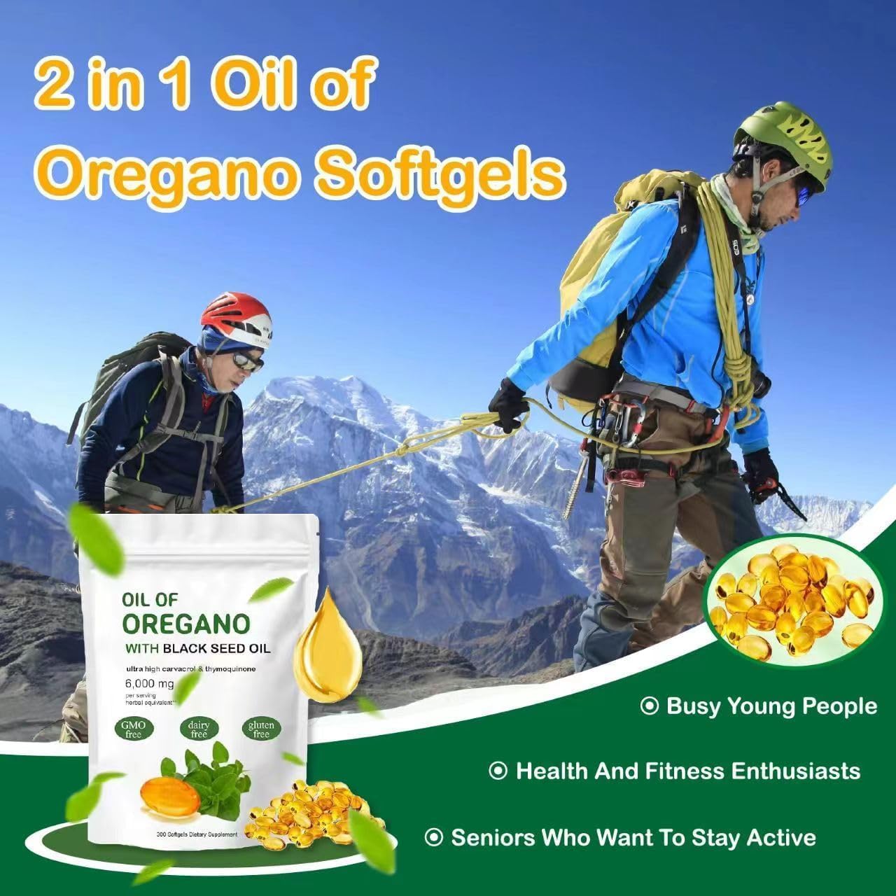 6000 mg Oregano Oil & 200 mg Black Seed Oil Softgels, 2-in-1 Oregano Oil Supplement, Non-GMO, Gluten-Free - 300 Softgel Capsules