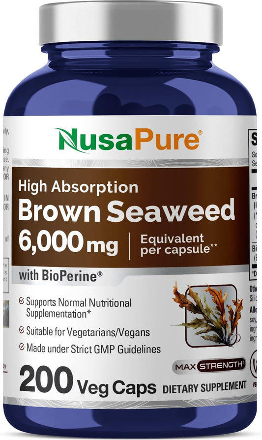 6,000mg Brown Seaweed Extract Capsules with Fucoxanthin - Vegan, Non-GMO - 200 Veggie Caps - NusaPure