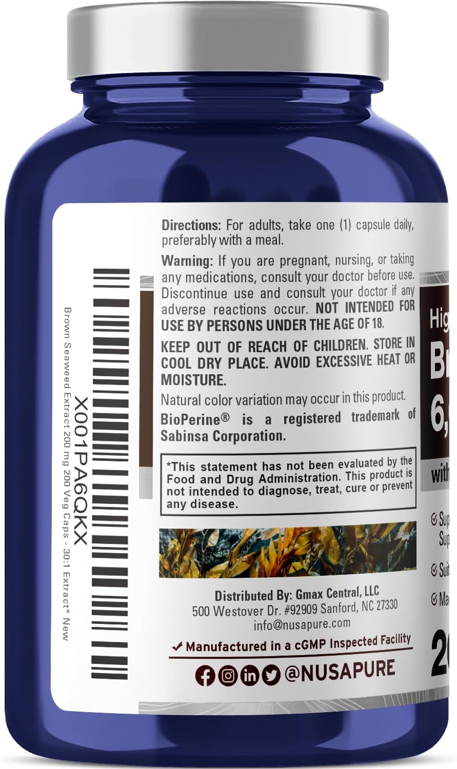 6,000mg Brown Seaweed Extract Capsules with Fucoxanthin - Vegan, Non-GMO - 200 Veggie Caps - NusaPure