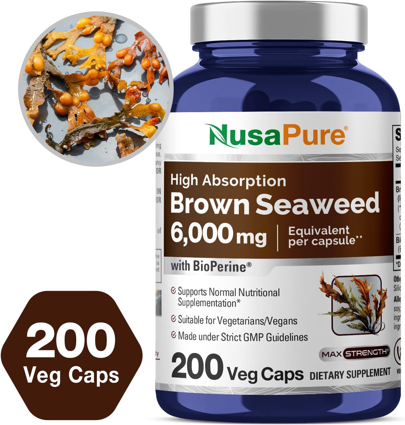 6,000mg Brown Seaweed Extract Capsules with Fucoxanthin - Vegan, Non-GMO - 200 Veggie Caps - NusaPure