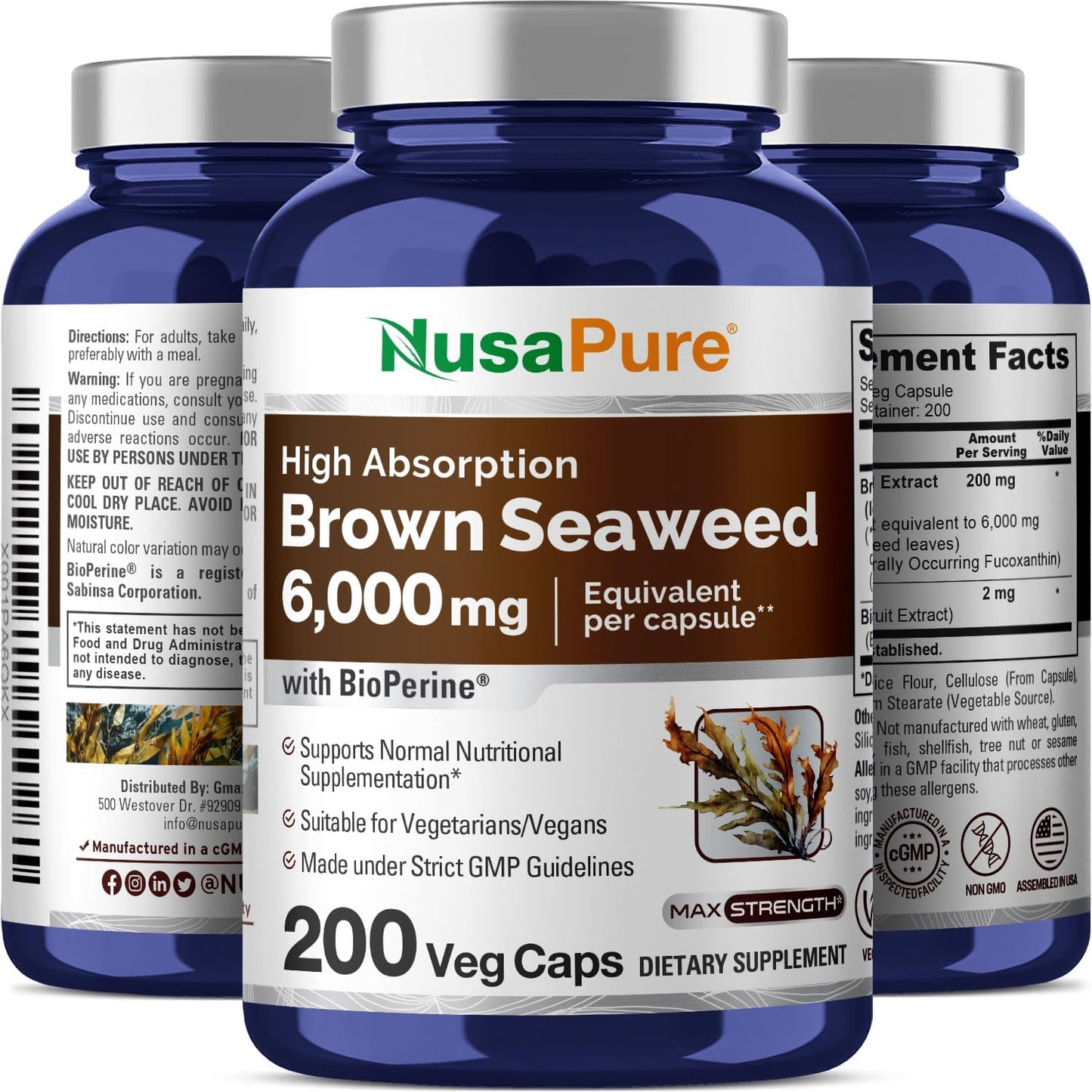 6,000mg Brown Seaweed Extract Capsules with Fucoxanthin - Vegan, Non-GMO - 200 Veggie Caps - NusaPure