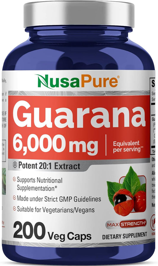 6000mg Guarana Extract - 200 Veggie Capsules, Non-GMO & Vegan - NusaPure