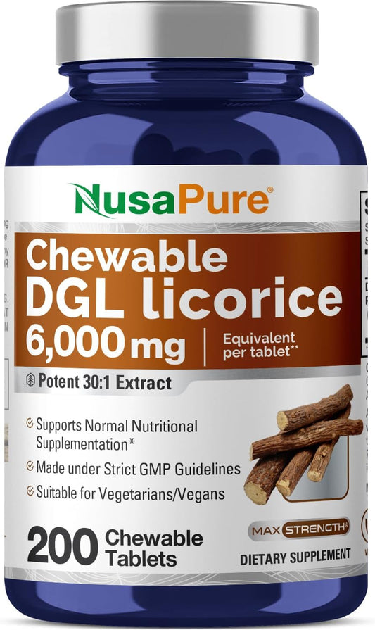 6,000mg NusaPure DGL Deglycyrrhizinated Licorice Chewable Tabs - 200 Count, Vegan & Non-GMO Supplement